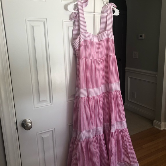 New: Mable Pink and White Tiered Maxi Dress. Smocked Back. Size Large - Picture 2 of 15
